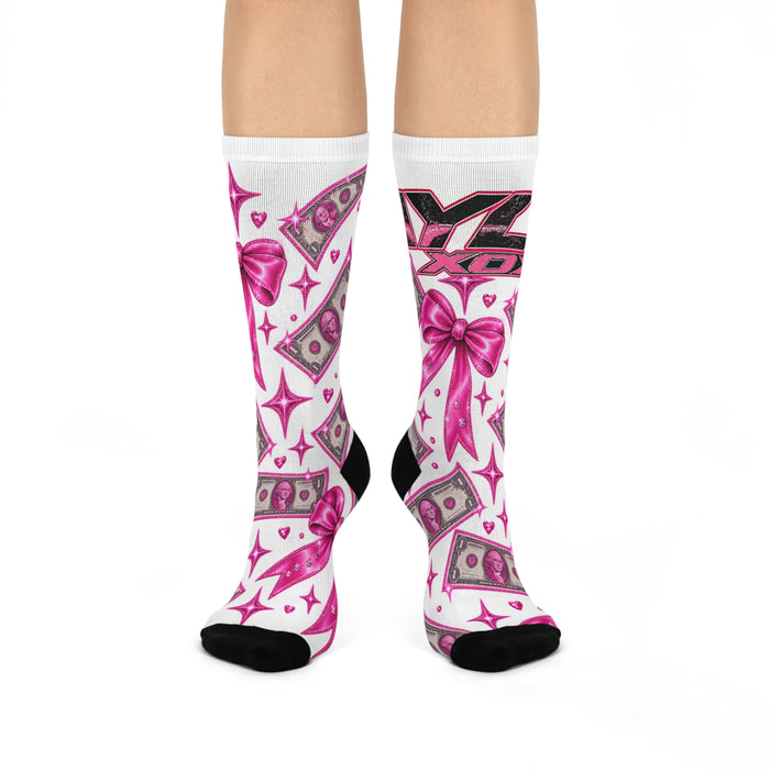 Cushioned Crew Socks with Pink Money and Bow Print