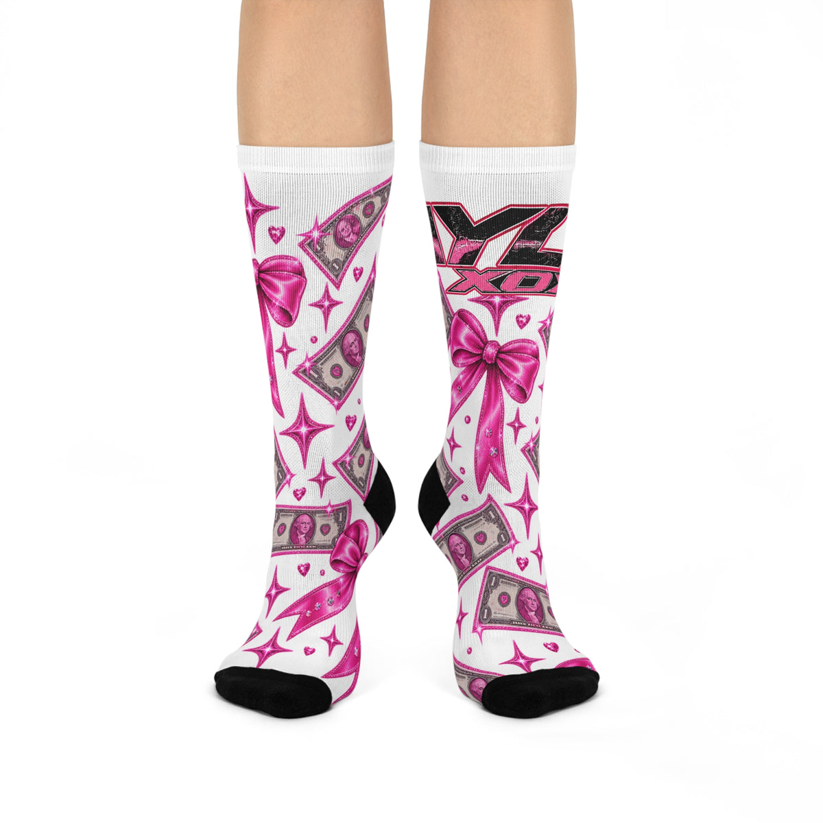Cushioned Crew Socks with Pink Money and Bow Print